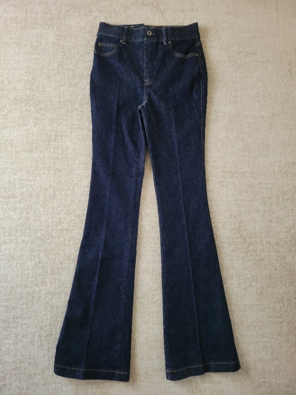 SPANX Flare Jeans Small LONG EveryWear Pintuck Pull On Hi Rise Dark Indigo NWT
